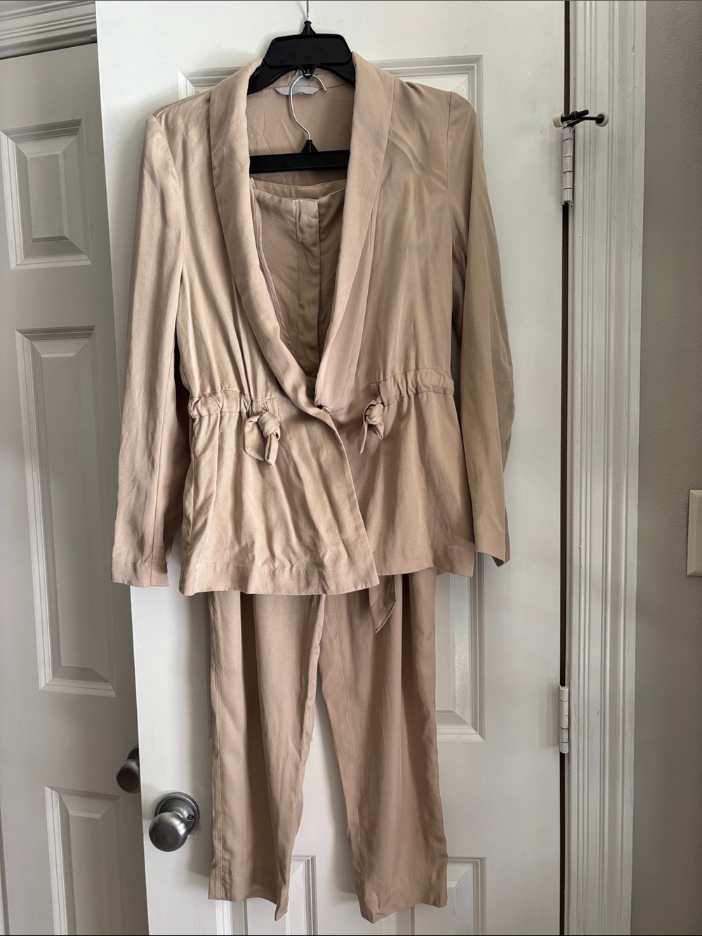 H&M Beige Tie-Waist Draped Jacket and Trouser Set